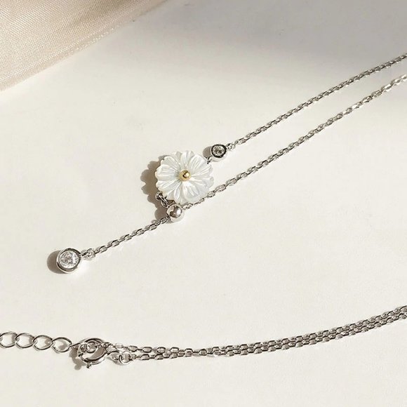 NEW 925 Silver Shell Daisy Diamond Drop Necklace - Picture 9 of 11